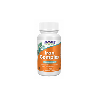 A white bottle of Now Foods Iron Complex 100 Tablets, an essential mineral supplement supporting iron metabolism, is non-constipating and features a distinctive orange label.
